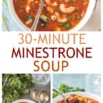 Three photo collage of vegan minestrone soup.