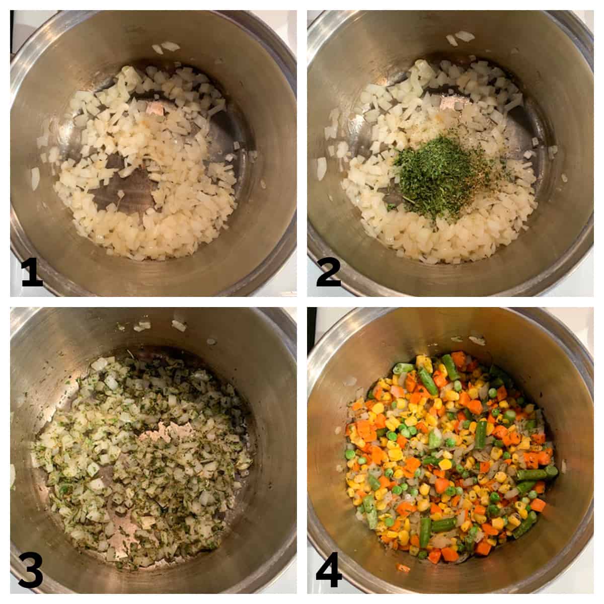 4 photo collage of sautéing onions and vegetables with herbs in a soup pot.