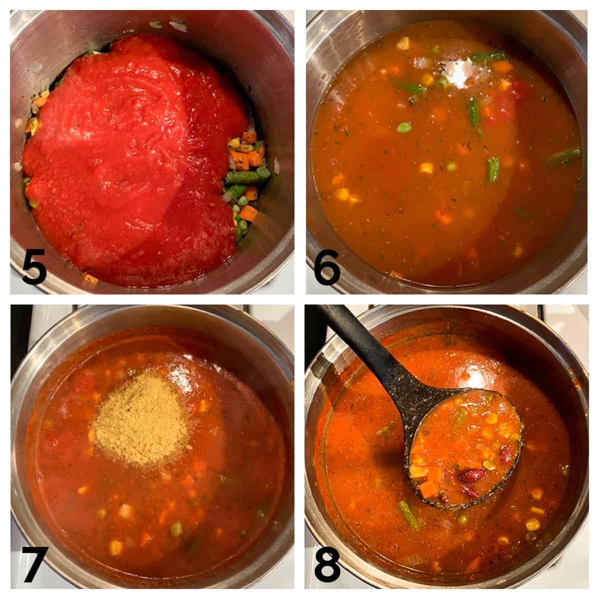 4 photo collage of adding tomatoes, broth and beans to the pot.