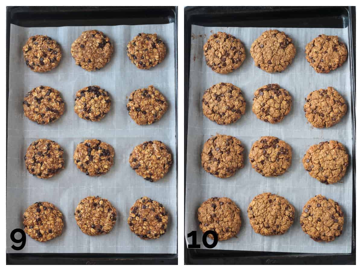 2 photo collage of raw dough on a baking sheet and baked cookies on a sheet.