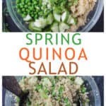 Two photo collage of recipe ingredients in a bowl and vegan quinoa salad mixed in a bowl.