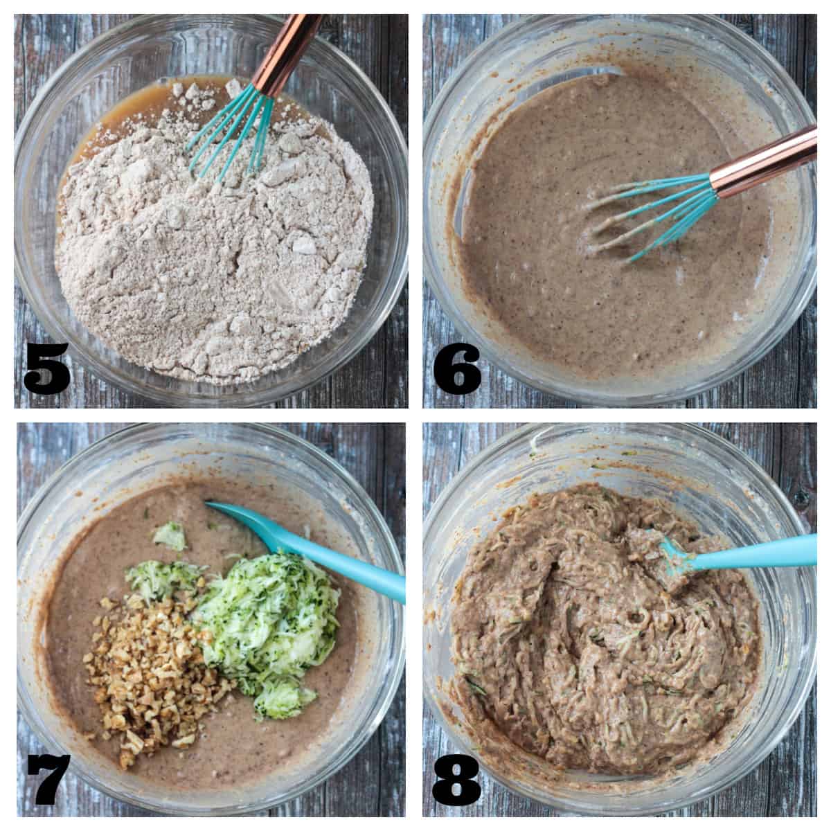 4 photo collage of mixing the dry and wet ingredients to make a batter.