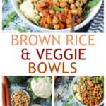 Three photo collage of rice bowls, recipe ingredients, and two servings on a table.