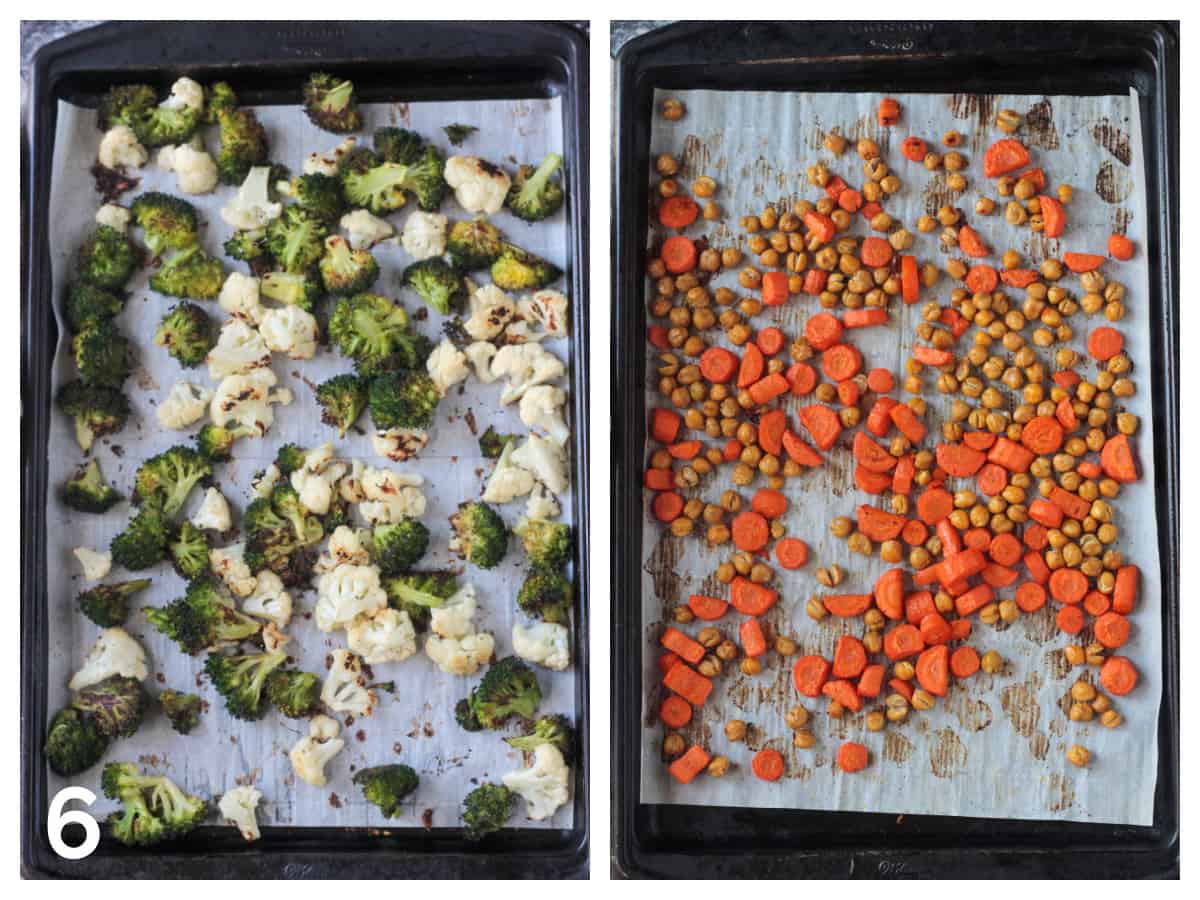 Roasted broccoli & cauliflower on one sheet pan and roasted carrots and chickpeas on another.