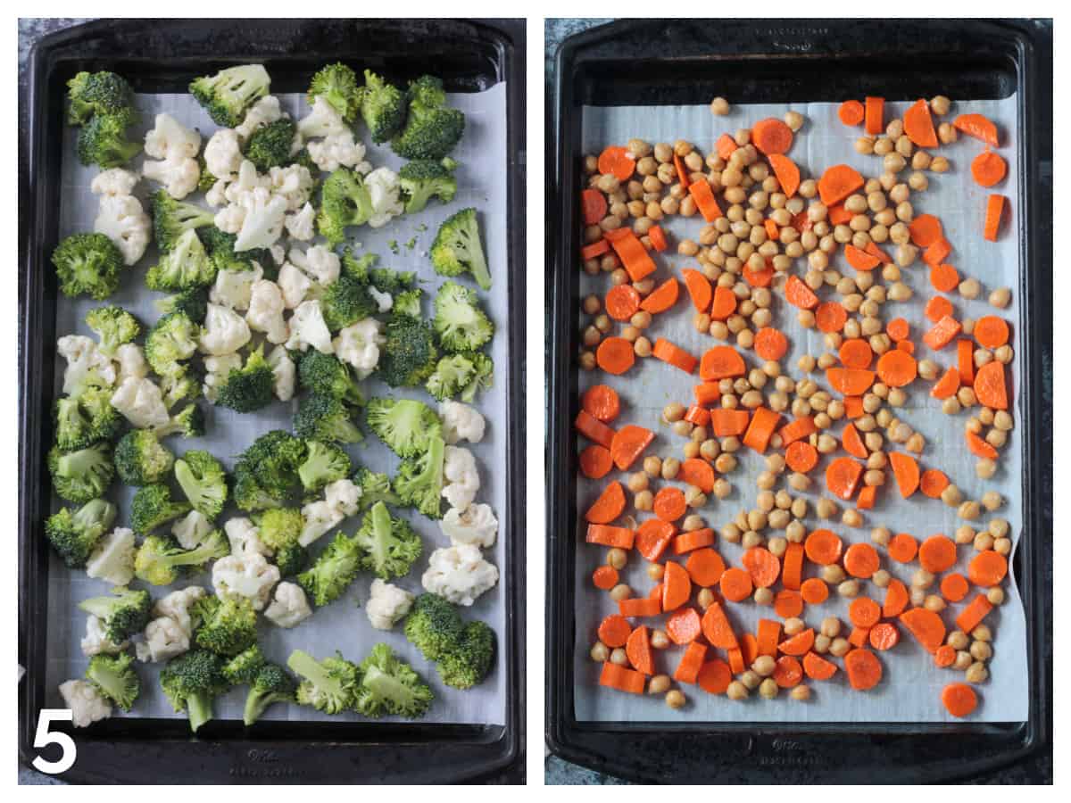 Veggies in an even layer on a parchment paper lined rimmed baking sheet.