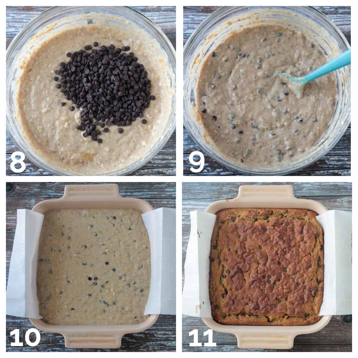 4 photo collage of adding chocolate chips to the batter and baking it in pan.