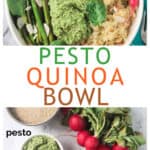 Two photo collage of a quinoa veggie bowl and the recipe ingredients.