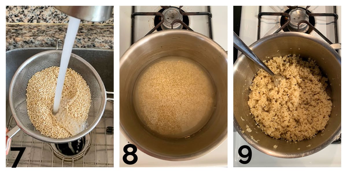 3 photo collage of rinsing and cooking quinoa in a pot.