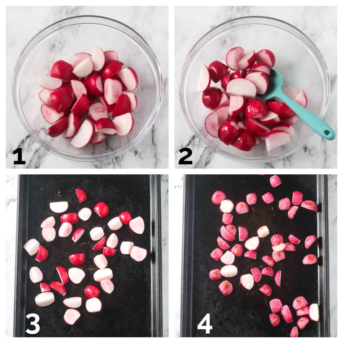 4 photo collage of prepping and roasting radishes on a baking sheet.