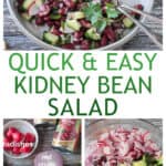 Three photo collage of the finished dish, recipe ingredients, and a mixing bowl of kidney bean salad.