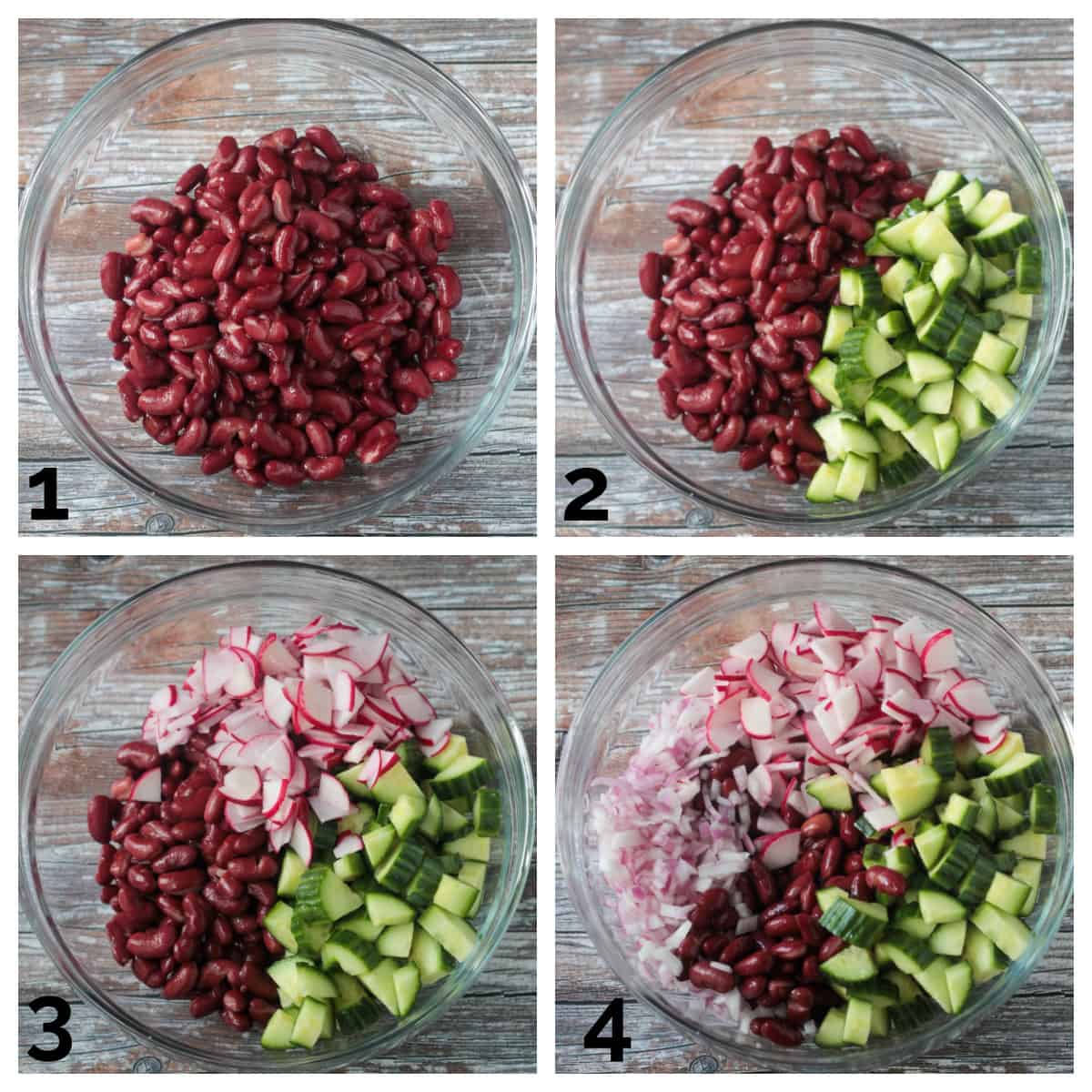 4 photo collage of adding beans, cucumber, radishes and red onion to a mixing bowl.