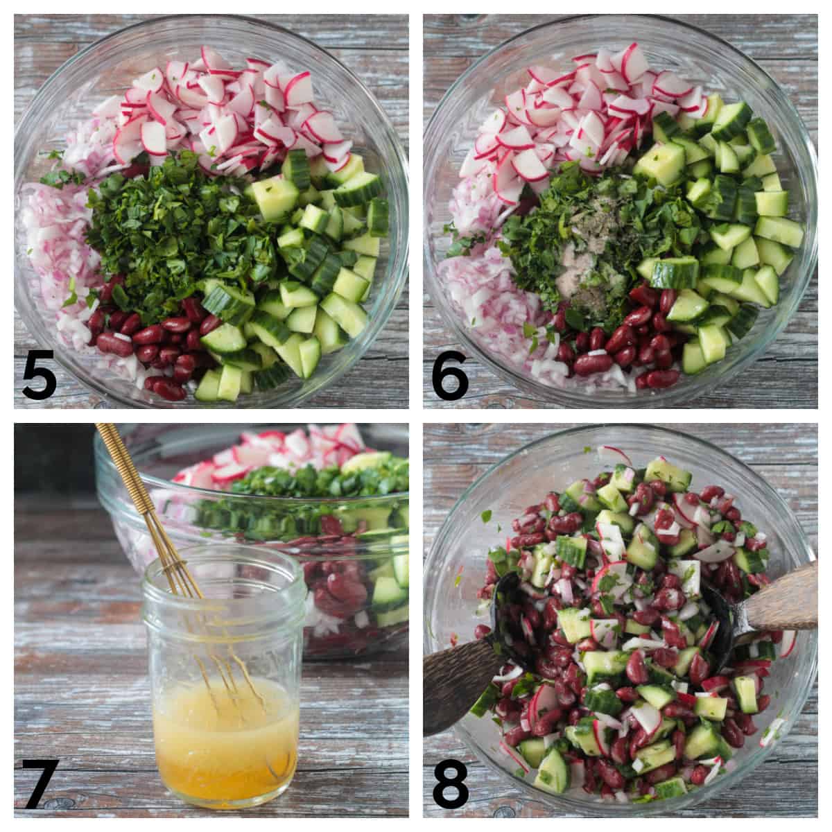 4 photo collage of adding parsley, salt, pepper & dressing to salad and tossing it.