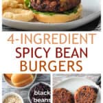 Three photo collage of bean burgers, recipe ingredients, and pan fried burgers.