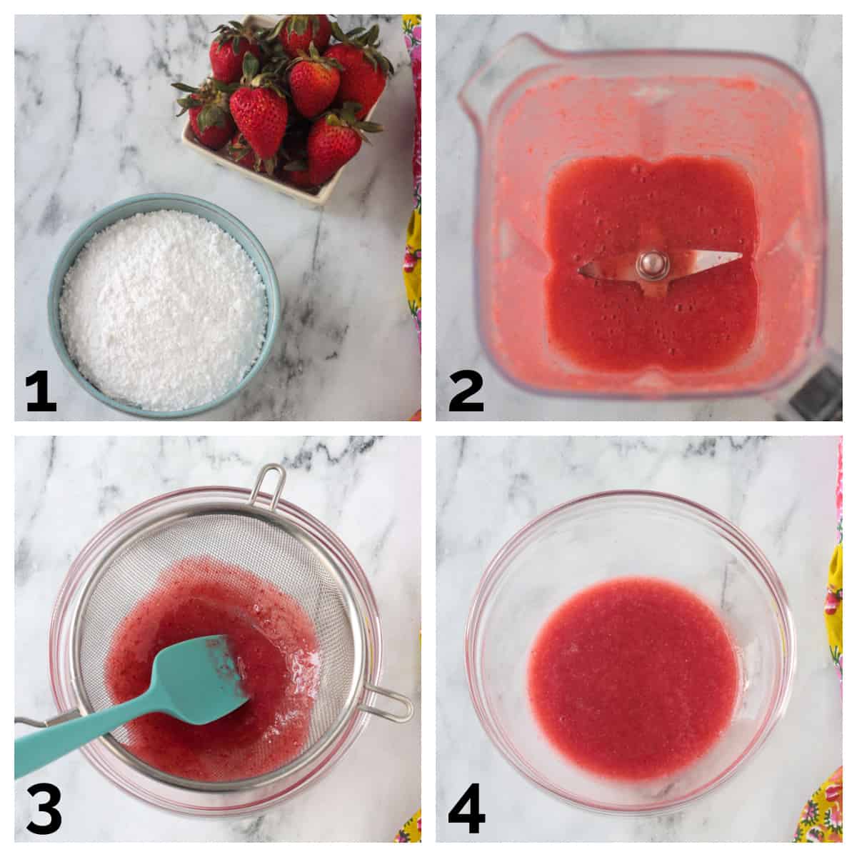 4 photo collage of making the strawberry purée.