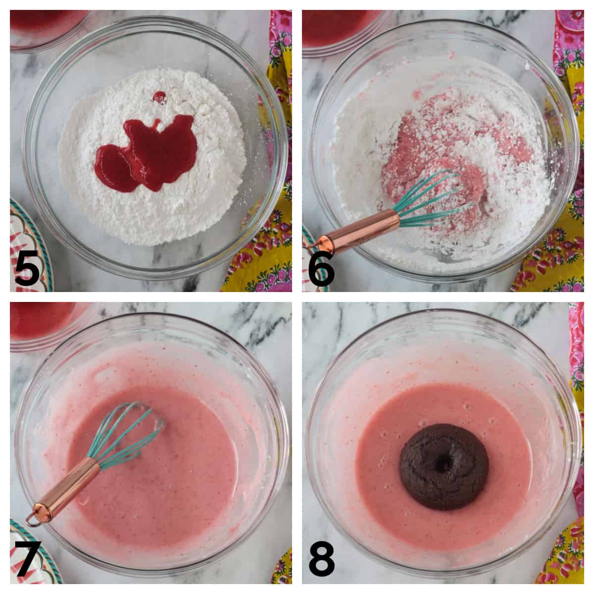 4 photo collage of coloring and whisking the pink icing.