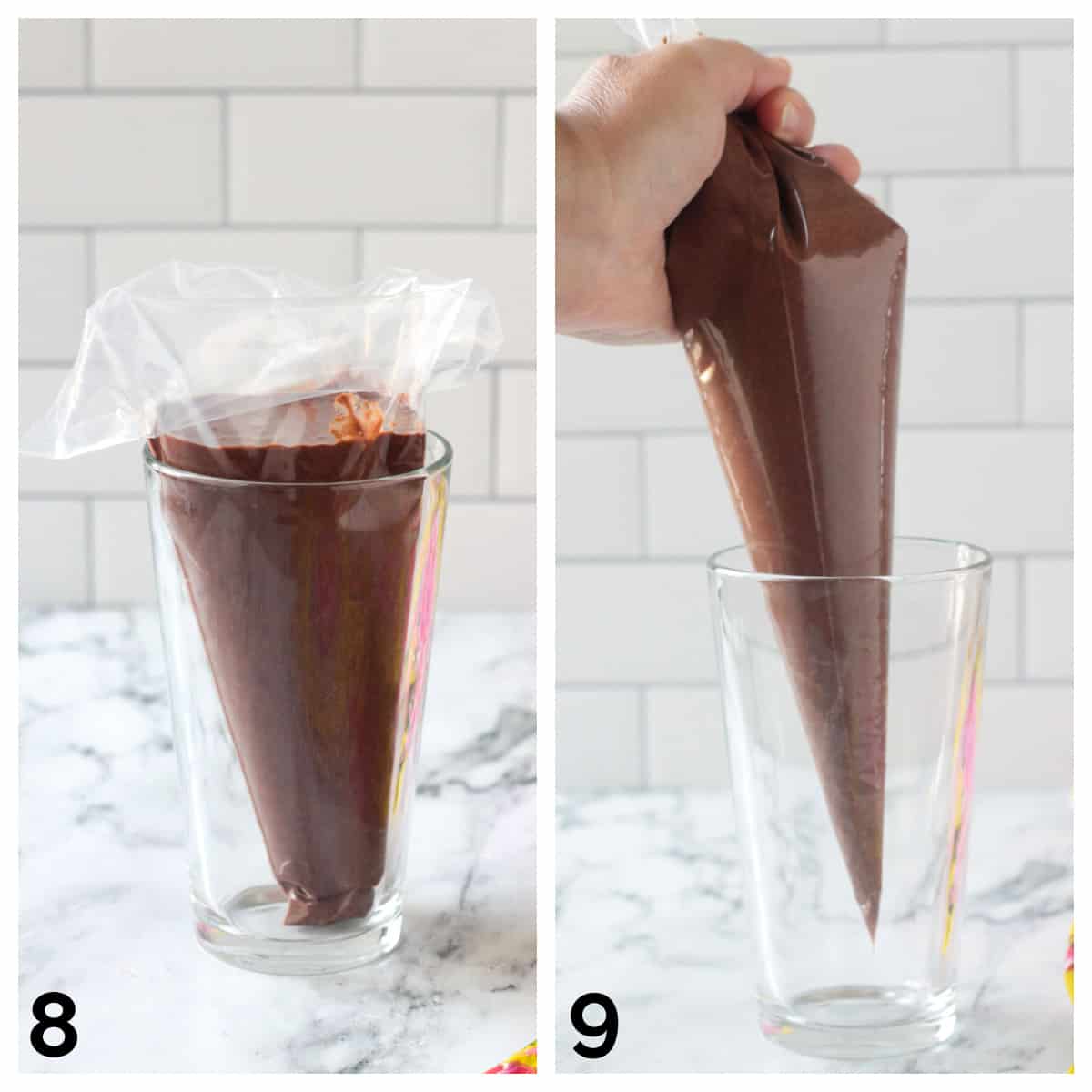 2 photo collage of the batter in a pastry bag and how to hold it.