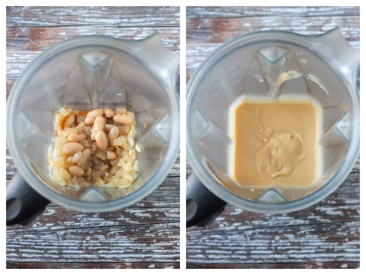 Two photo collage of the sauce ingredients in a blender and the puréed sauce.