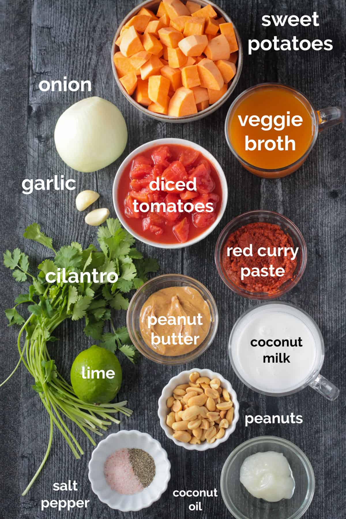 Recipe ingredients arrayed in individual bowls.