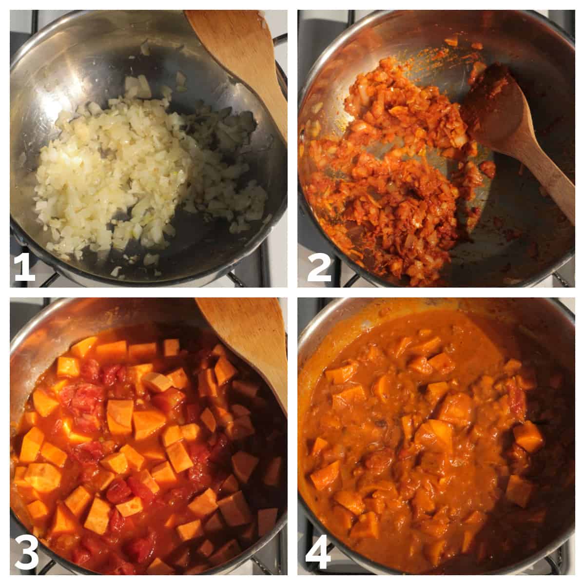 4 photo collage of making the sweet potato peanut butter curry.