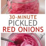 Two photo collage of a jar of pickled red onions.
