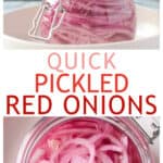 Two photo collage of pouring liquid into a jar and an open jar of pickled red onions.