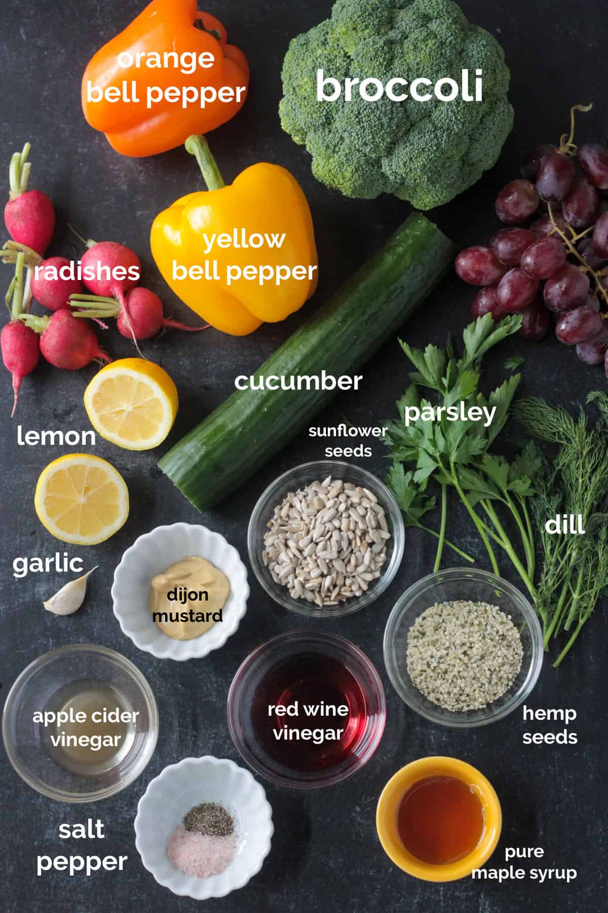 Recipe ingredients arrayed in individual bowls.