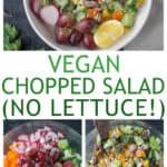 Three photo collage of chopped salad, ingredients in a bowl, and mixed salad.