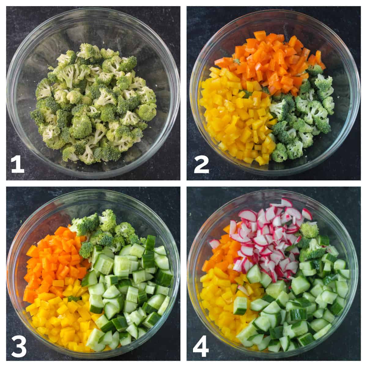 4 photo collage of adding chopped broccoli, bell peppers, cucumbers, and radishes to a bowl.