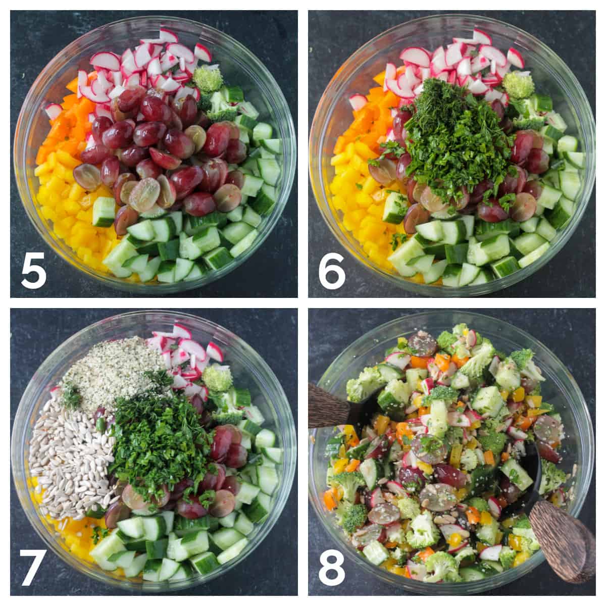 4 photo collage of adding halved red grapes, chopped fresh herbs, and seeds to the bowl and mixing it well.