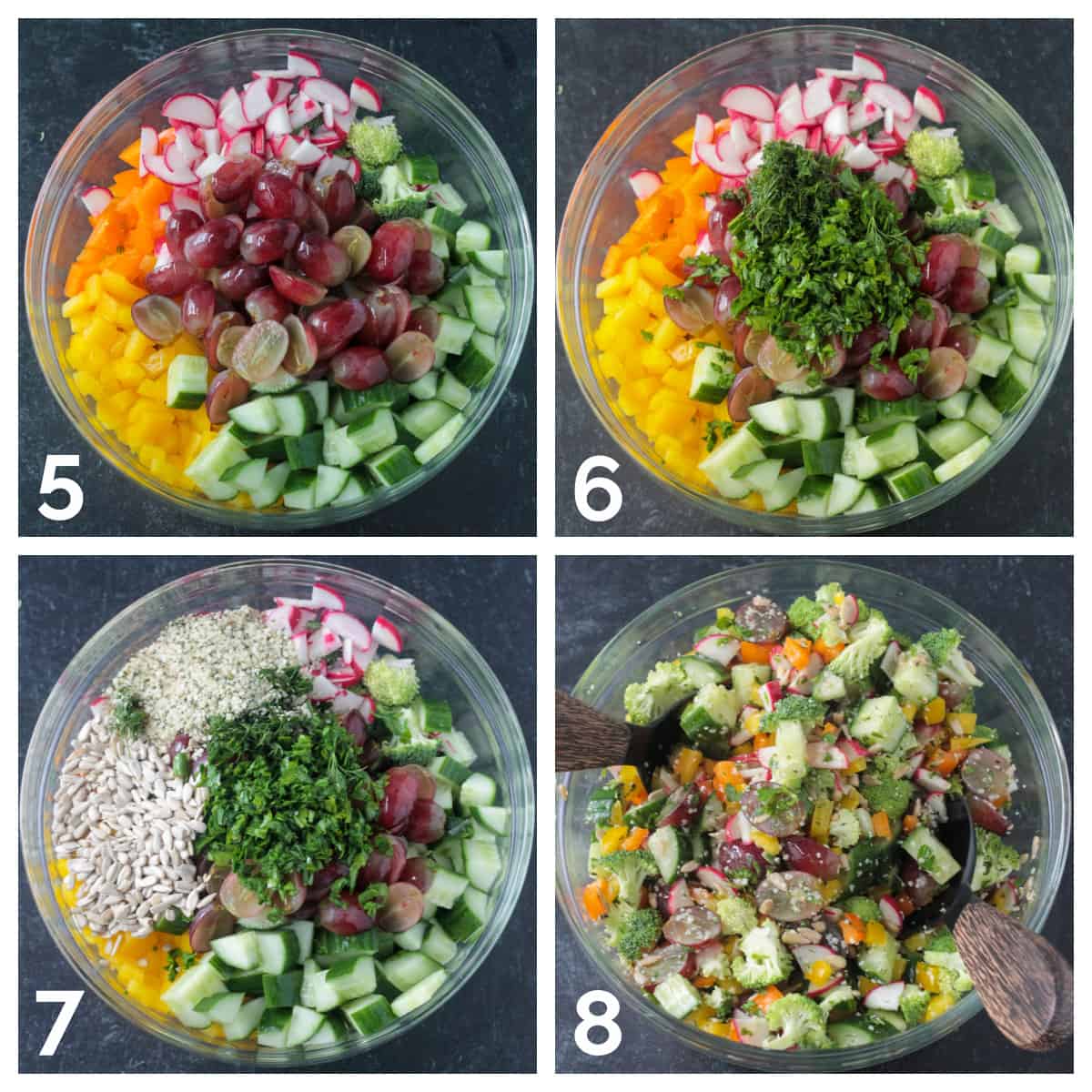 4 photo collage of adding halved red grapes, chopped fresh herbs, and seeds to the bowl and mixing it well.