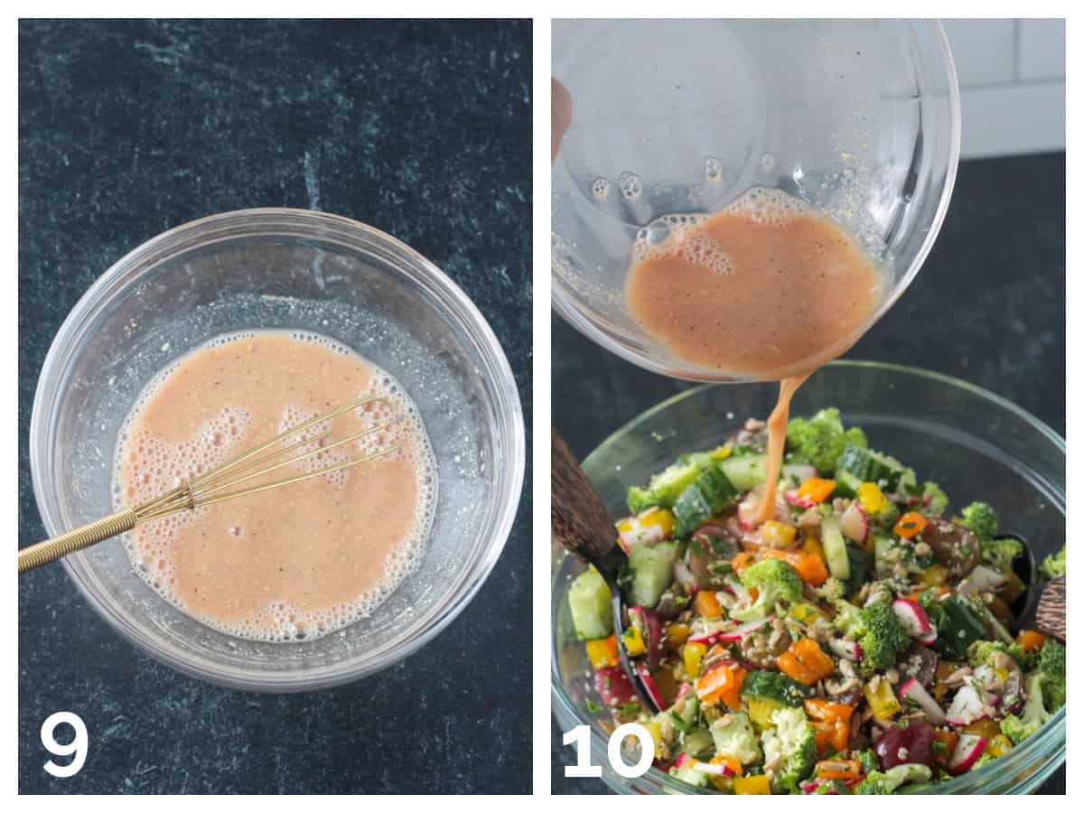 2 photo collage of whisking the salad dressing and pouring it over the salad.