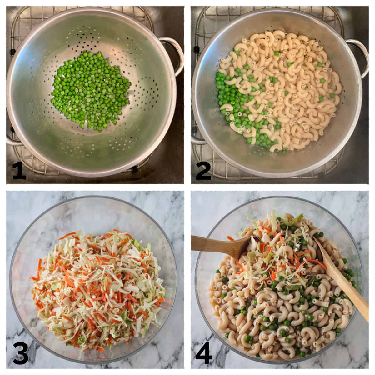 4 photo collage of draining peas and pasta and mixing with coleslaw.