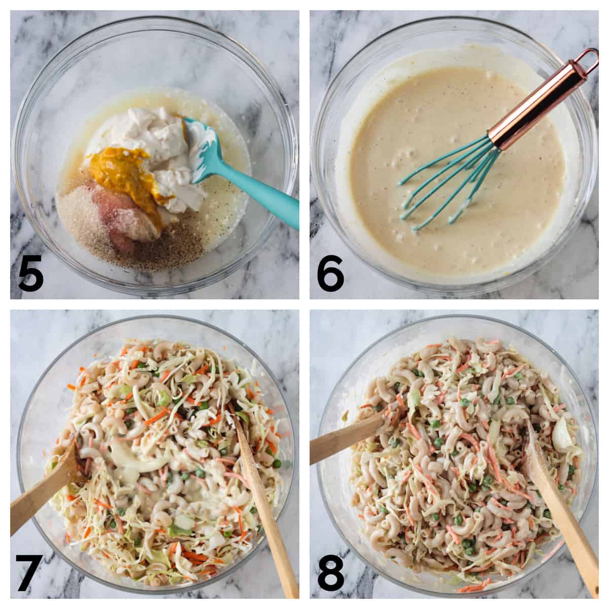 4 photo collage of whisking dressing and mixing it with the pasta and veggies.