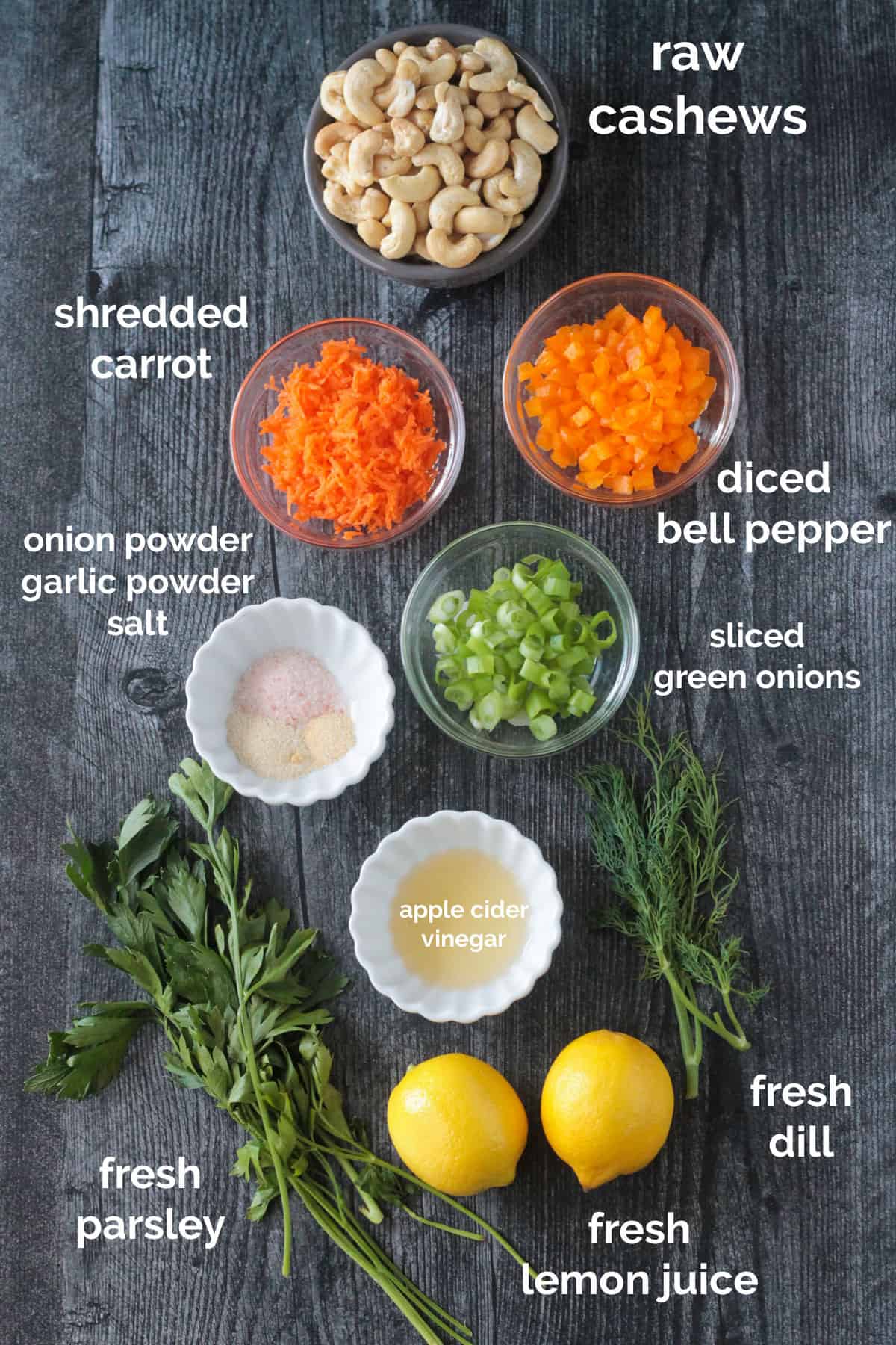 Recipe ingredients arrayed in individual bowls.