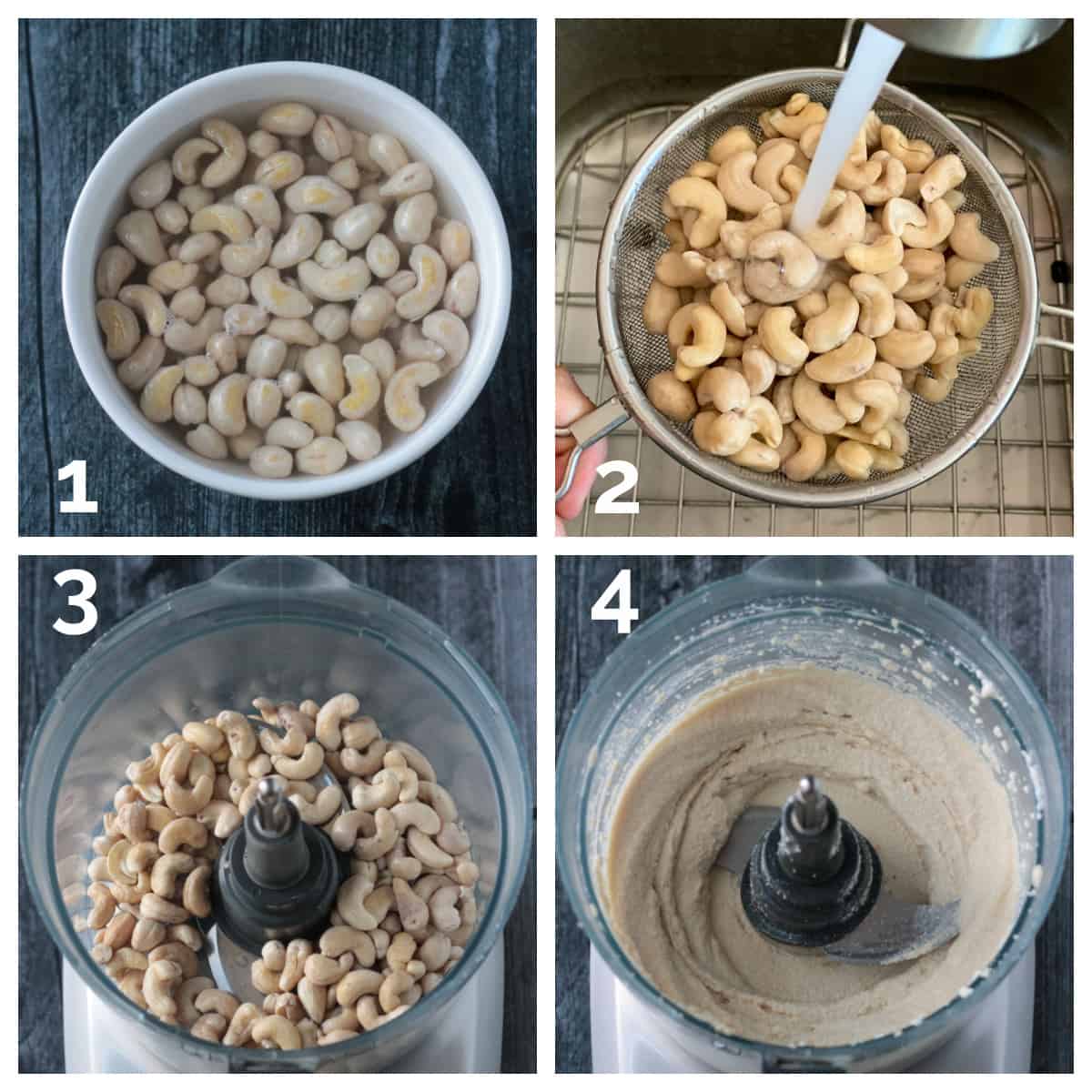 4 photo collage of soaking, rinsing, and blending the cashews in a food processor.