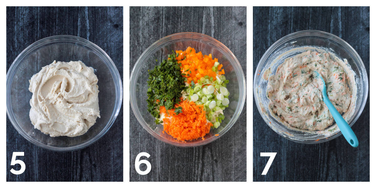 3 photo collage of stirring in the vegetables to the cream cheese mixture.