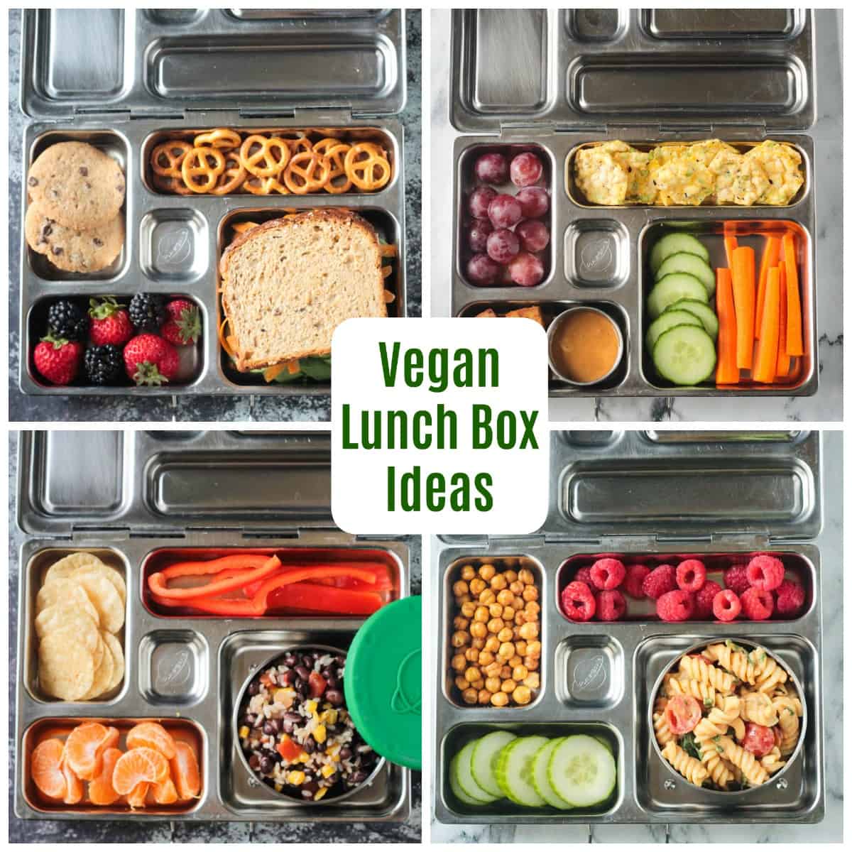 4-photo collage of lunch box meals in bento style metal lunchboxes.
