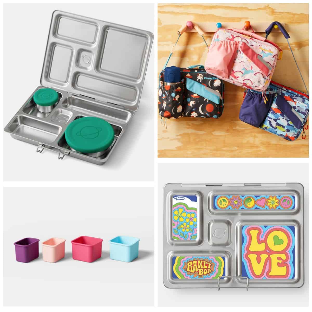 4-photo collage: planetbox lunchbox, carry bag, dip containers, lunchbox magnets