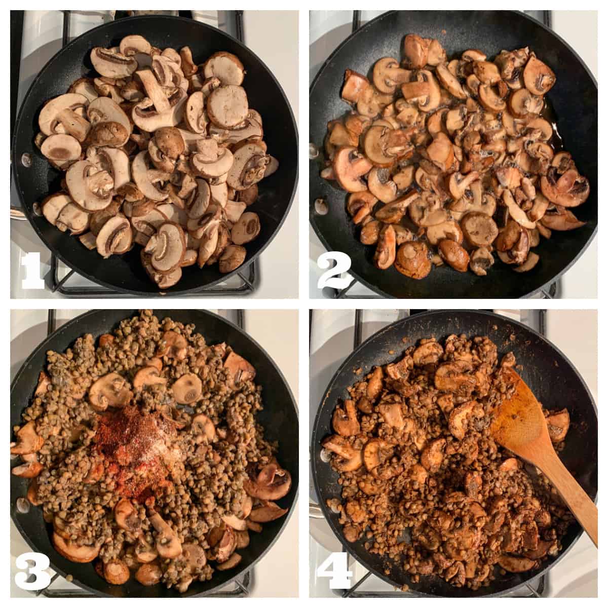 Four photo collage of cooking the mushrooms, lentils, and spices.