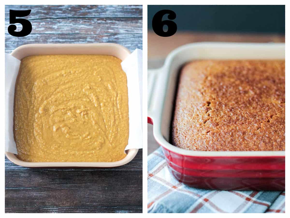2 photo collage of cornbread batter and baked cornbread in a baking dish.