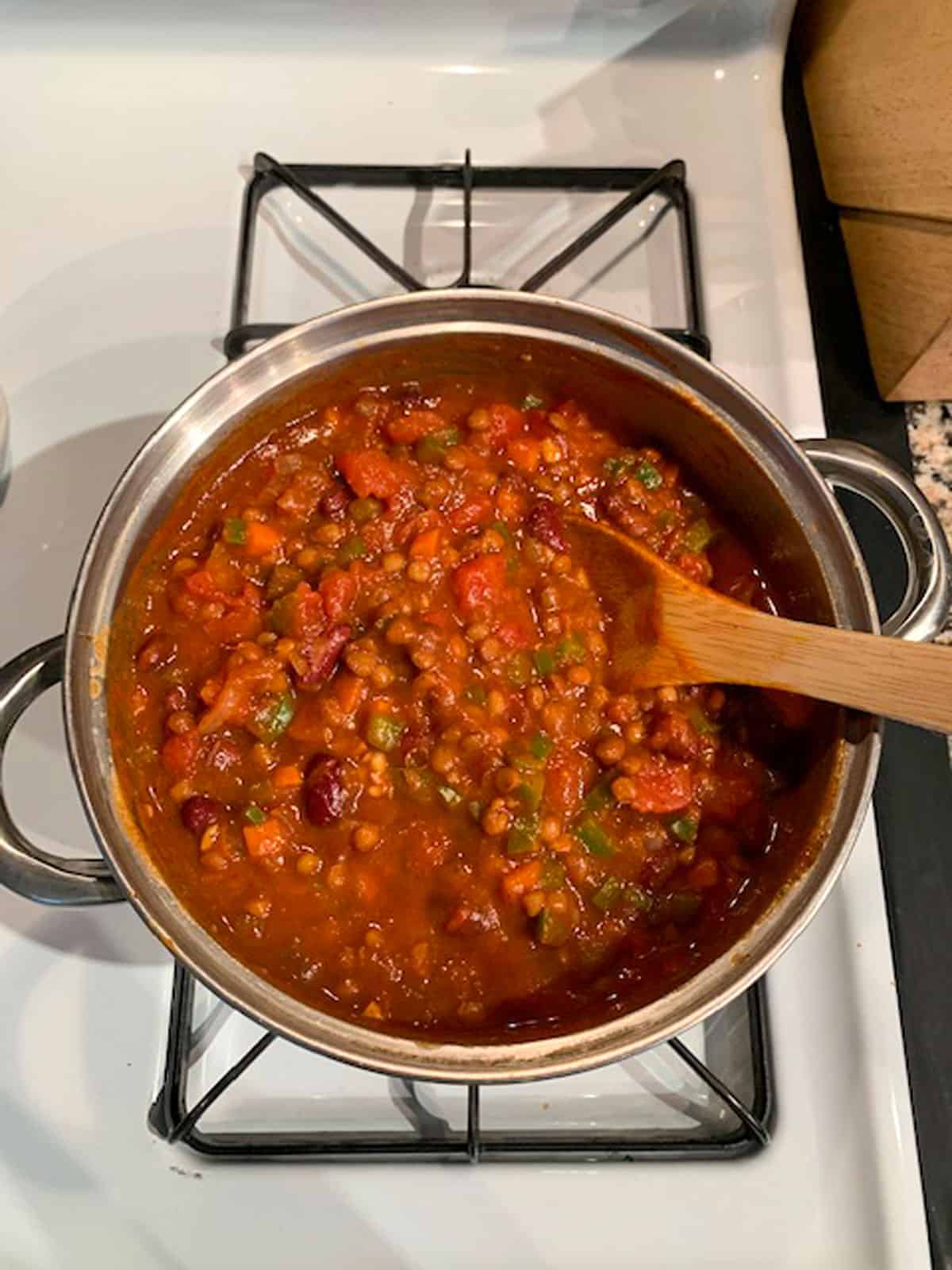 Vegan pumpkin lentil chili ready to eat.