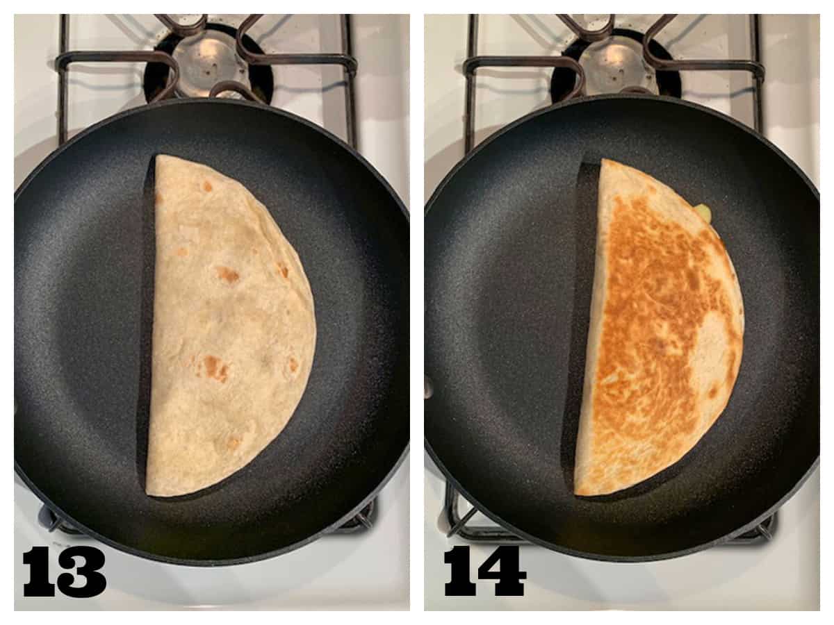 2 photo collage of pan frying a folded over filled tortilla until browned.