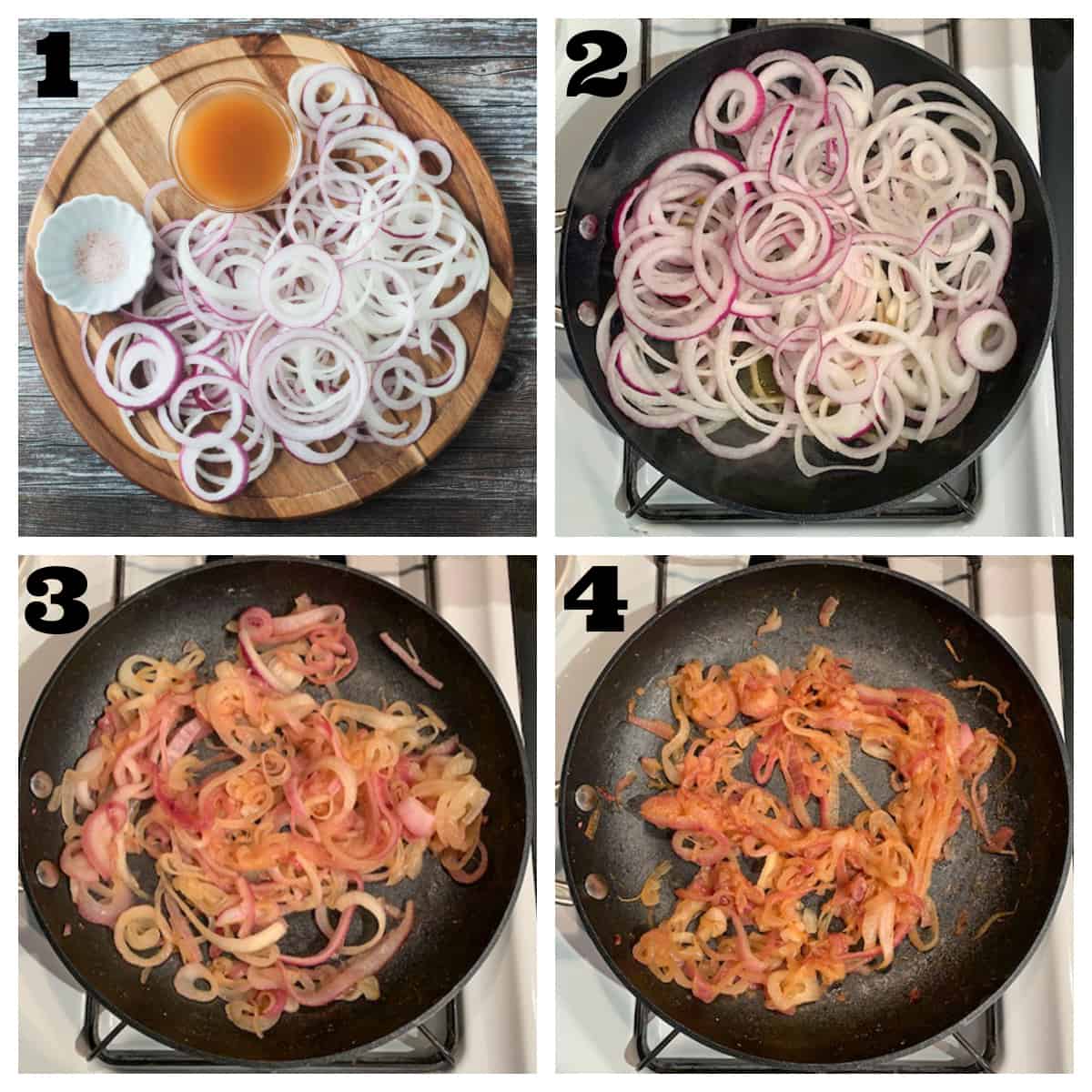Collage of 4 photos showing raw sliced onions and how to caramelize them.