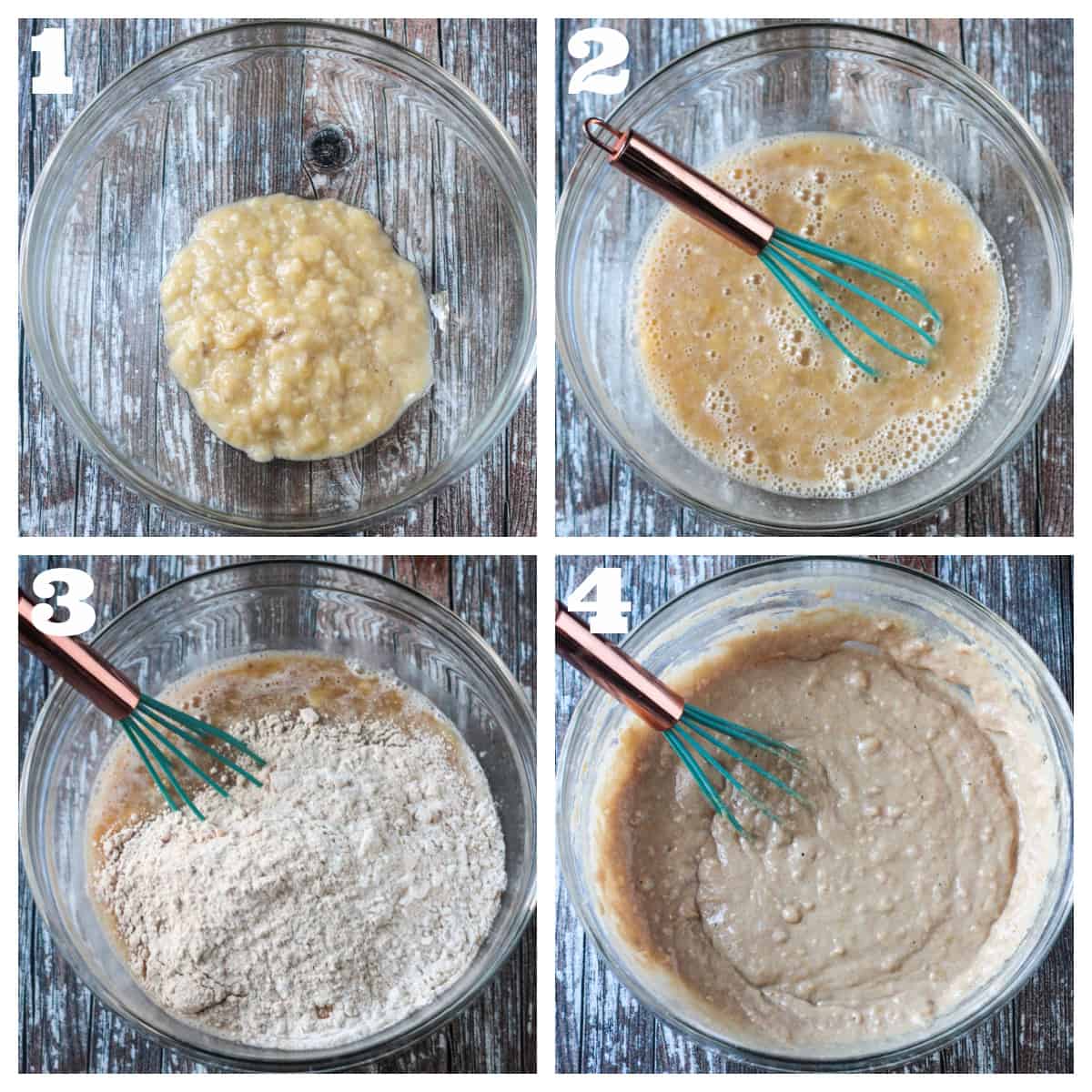 Four photo collage of whisking the dry and wet ingredients together into a batter.