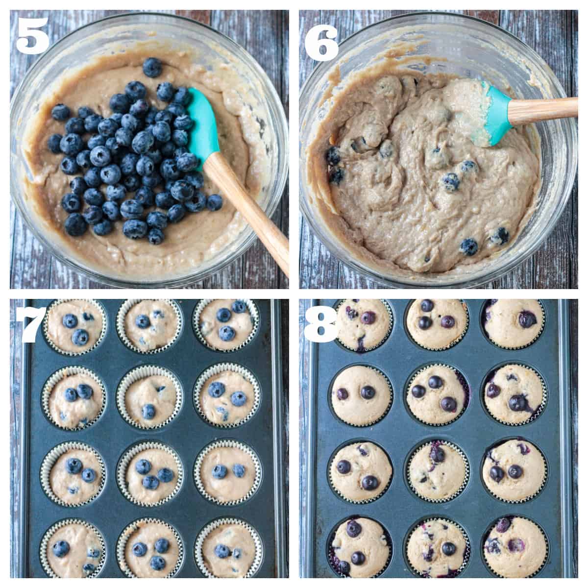 Four photo collage of stirring the blueberries into the batter and baking it in a muffin pan.