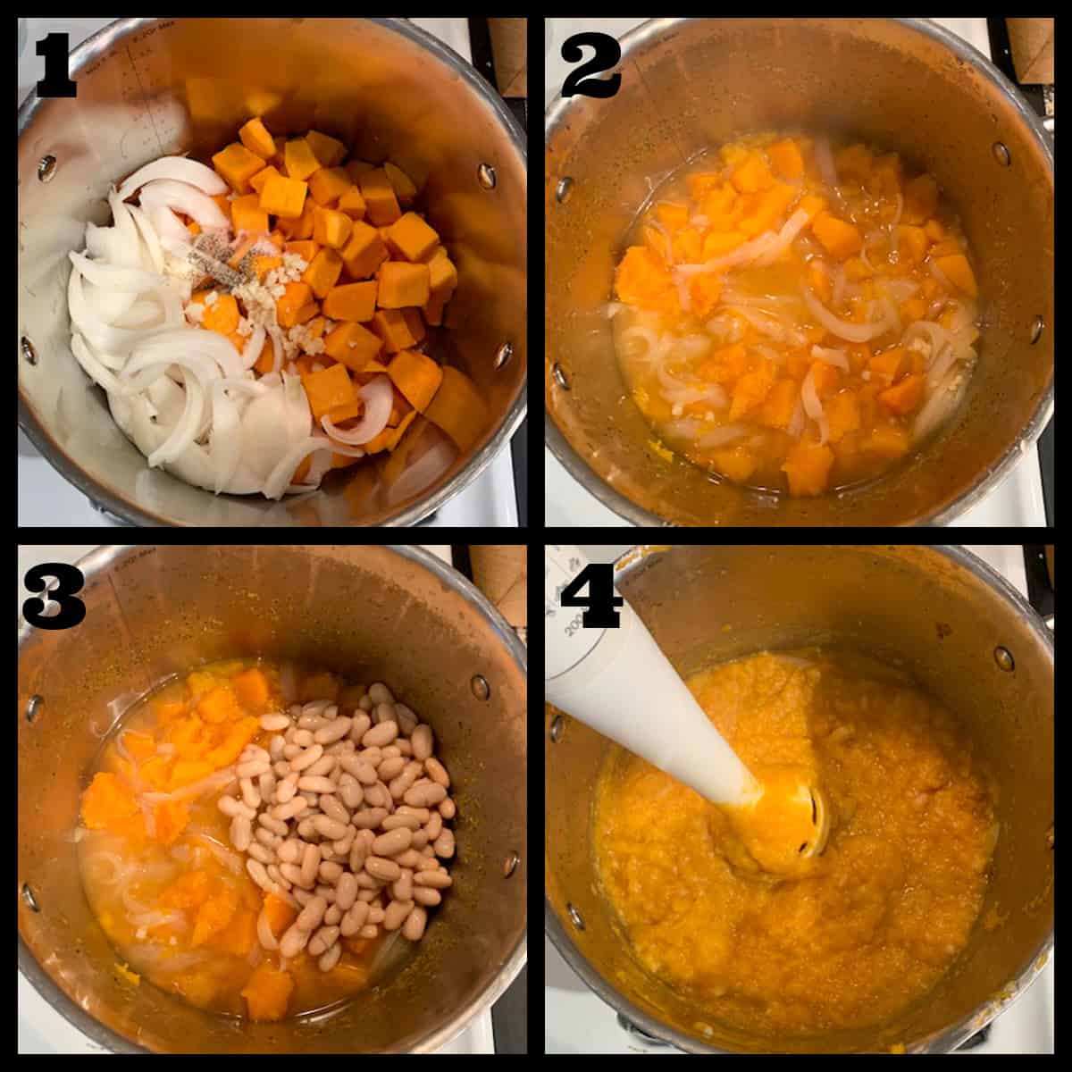 4 photo collage of cooking squash and onions in a pot and blending them.