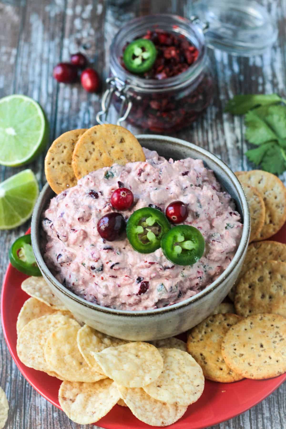 Two crackers dipped into a bowl of cranberry dip.