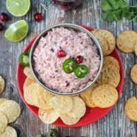 Overhead view of cranberry jalapeno dip in a bowl garnished with jalapeno slices.