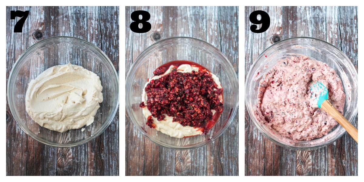 3 photo collage of combining the cream cheese and cranberry salsa.