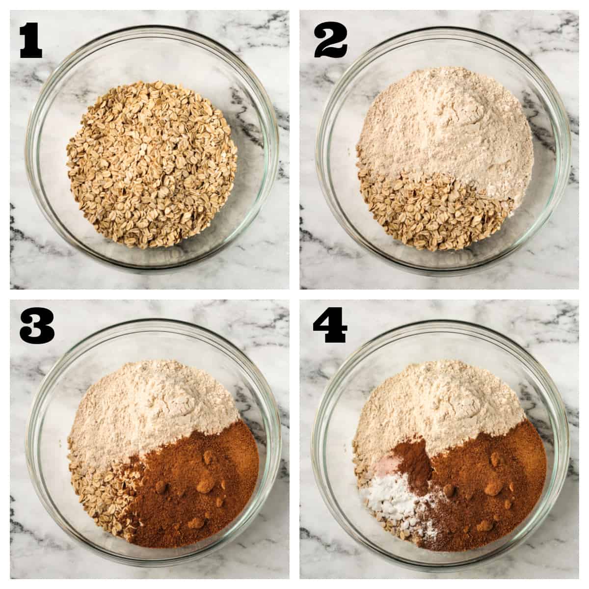 4 photo collage of mixing the dry ingredients.